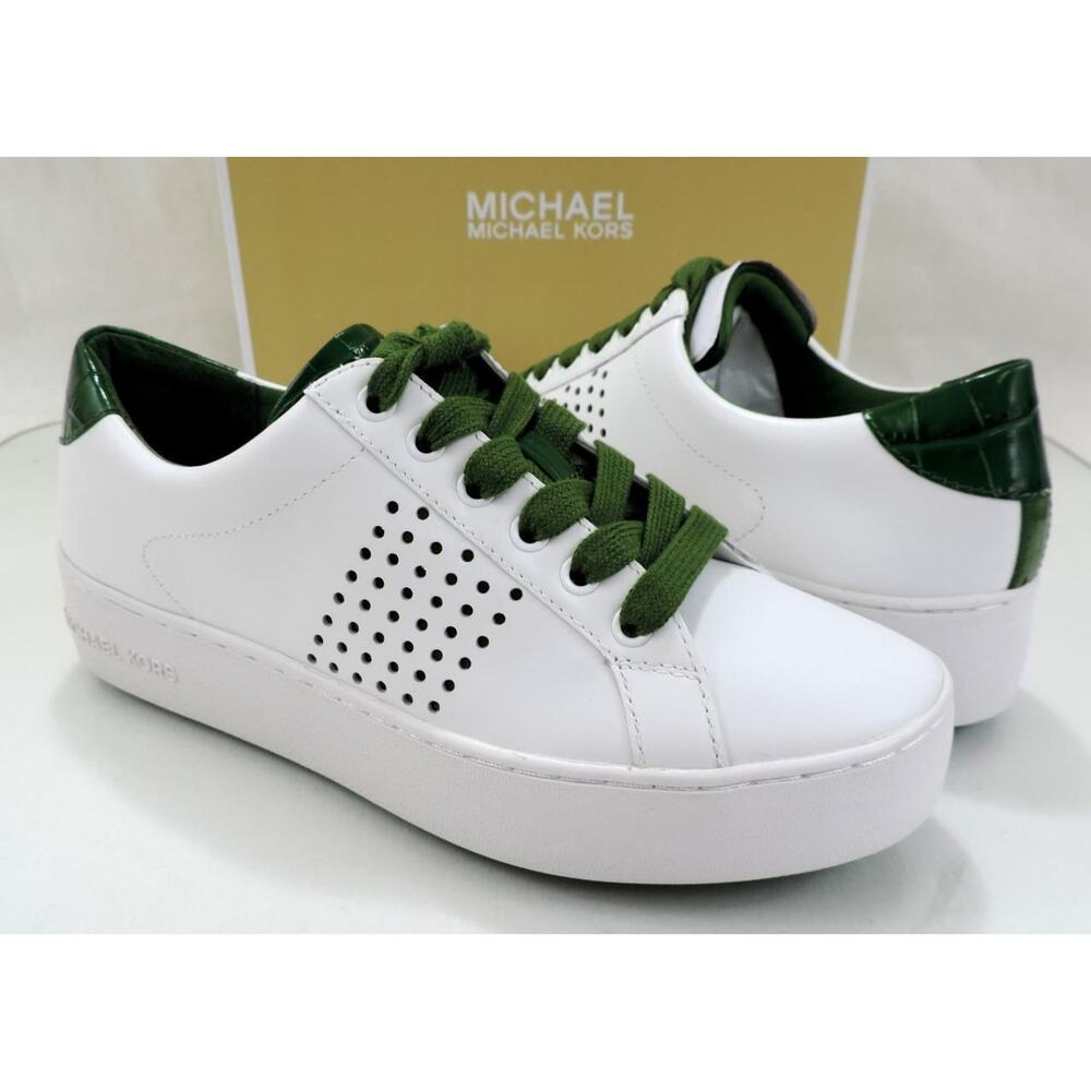Michael Kors Poppy Lace Up Platform Sneaker Leather Optic White / Green